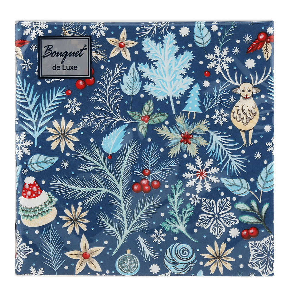 Салфетки бумажные "Bouquet de Luxe" 24х24см, 3-х слойные, 25 штук в упаковке, 100% целлюлоза, "Зимний орнамент" (Россия)
