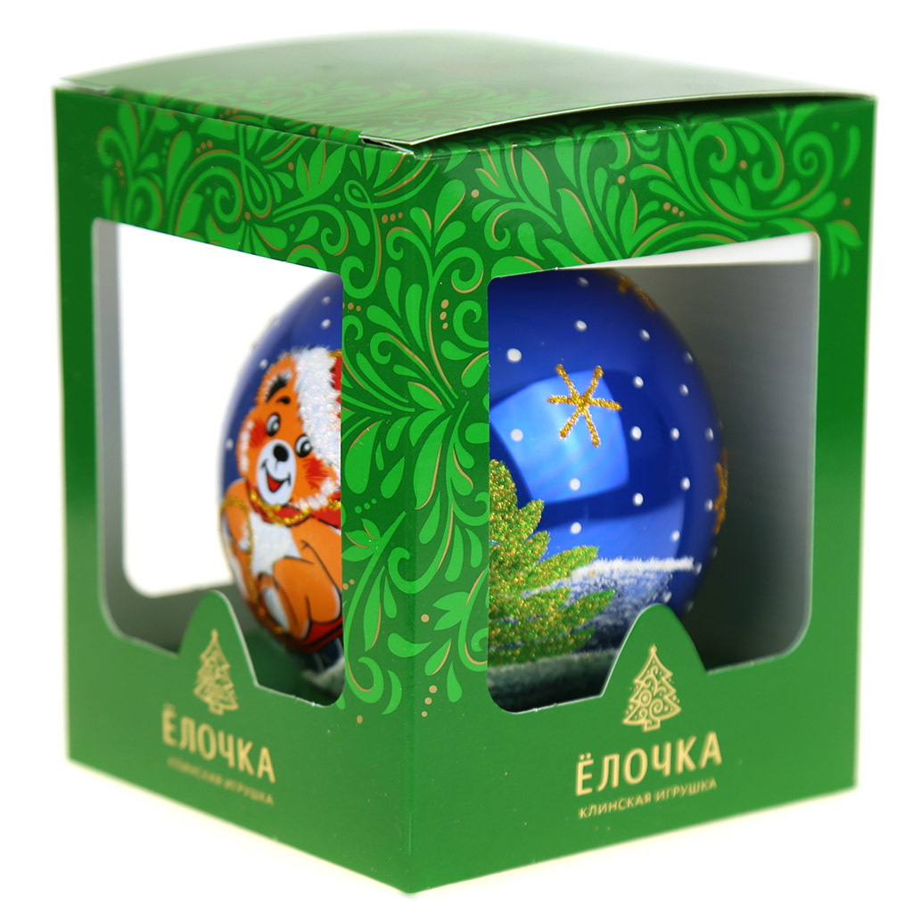 Елочная игрушка шар стеклянная "Мишка на санках" д8,5см, ручная художественная роспись, цвета микс, подарочная упаковка (Россия)