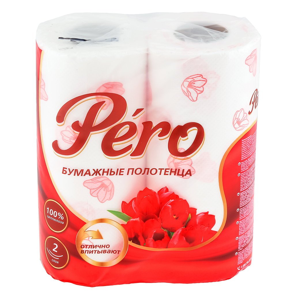 Полотенце бумажное 2-х слойное "Pero Tulip" 2 рулона, 86 листов, 10,75м, белый (Россия)