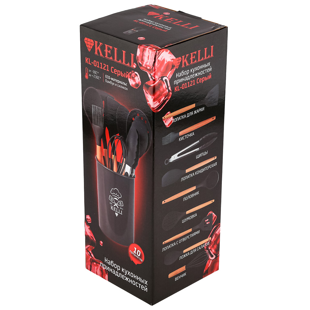 Кухонный набор "Kelli" 10 предметов: лопатка для жарки, кисточка, щипцы, лопатка кондитерская, половник, шумовка, лопатка с отверстиями, ложка для салатов, венчик, подставка, силикон, бамбук, серый (Китай)