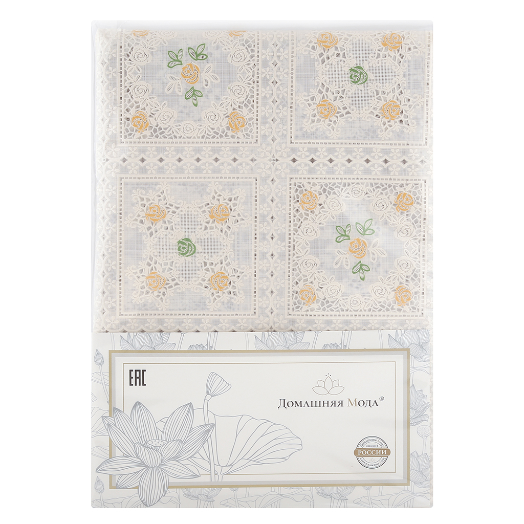 Скатерть ПВХ "Розетта" 137х160см, длина стола до 120см, на 4 персоны, "LACE" фактурная, на пленке, тиснение на белом, бежевый/зеленый штамп, упак. "классическая" п/э 28х41см т.м. "Домашняя Мода" (Китай)