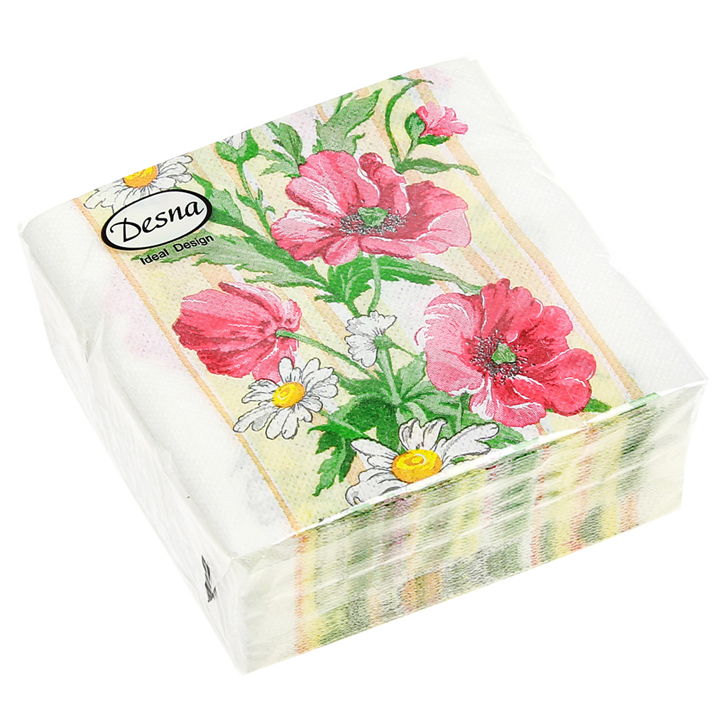Салфетки бумажные "Desna Design" 24х24см, 1 слойные, 40 штук в упаковке, 100% целлюлоза, "Красно-жёлтые цветы" (Россия)