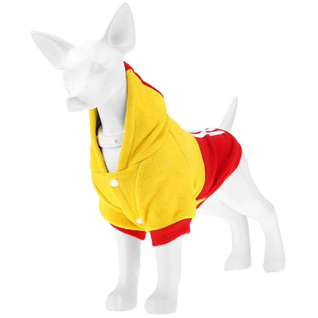 "Пэт тойс (Pet toys)" Одежда для собаки "Толстовка" "DOG" с капюшоном, с принтом, на кнопках р-р L, длина спинки 30см/обхват груди 40см/обхват шеи 32см, цвет-желто-красный, флис (Китай)