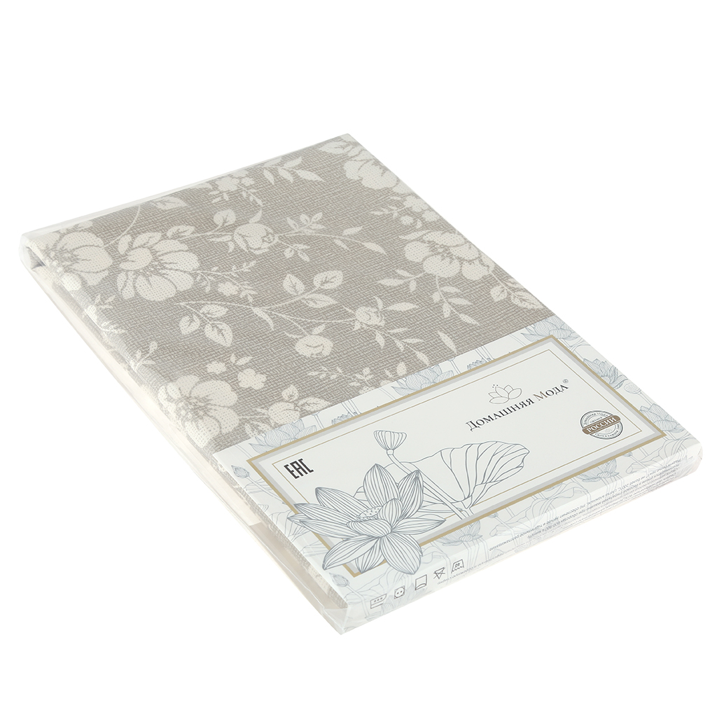 Скатерть ПВХ "Роза на льне" 137х110см, длина стола до 90см, на 4 персоны, "LACE" фактурная, на пленке, тиснение на сером, белый штамп, упак. "классическая" п/э 28х41см т.м. "Домашняя Мода" (Китай)
