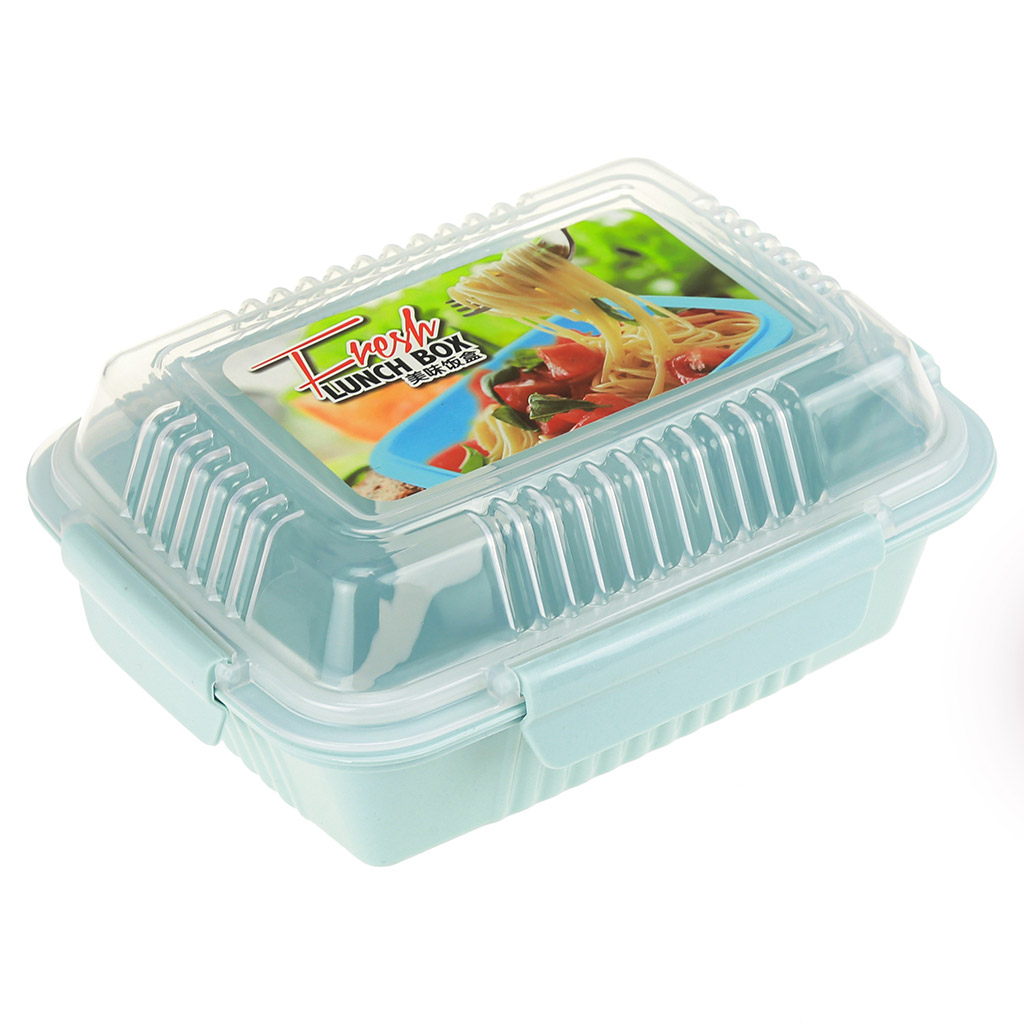 Ланч-бокс для продуктов пластмассовый "Фреш" 20,5х15,5см h8,5см, 2 отделения 0,9л, с ложкой 13см, крышка прозрачная, с клипсами, с уплотнителем, цвета в ассортименте: персиковый, зеленый, голубой (Китай)