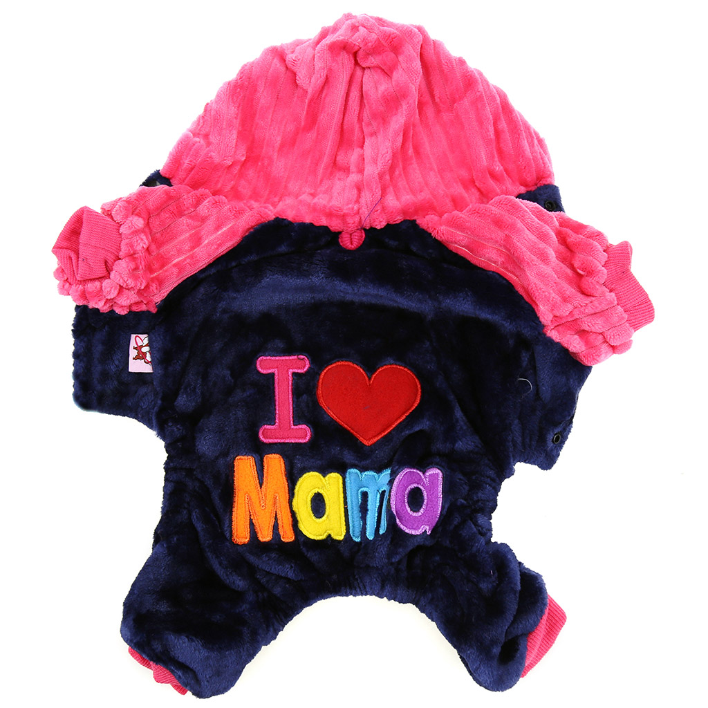 "Пэт тойс (Pet toys)" Одежда для собаки "Комбинезон" "I ♥ Mama/Papa" с капюшоном, с принтом, на кнопках, р-р XL 43-45см, длина спинки 34см/обхват груди 48см/обхват шеи 34см, цвет-синий с розовым, плюш (100% полиэстер) (Китай)