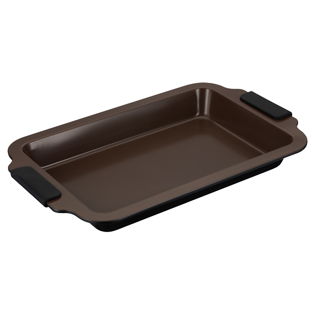 Противень из углеродистой стали с антипригарным покрытием "Easy Ceramica" 36,5х23х3,5см, s0,4мм, прямоугольный, глубокий, съемные силиконовые ручки, коричневый, "Regent" (Китай)