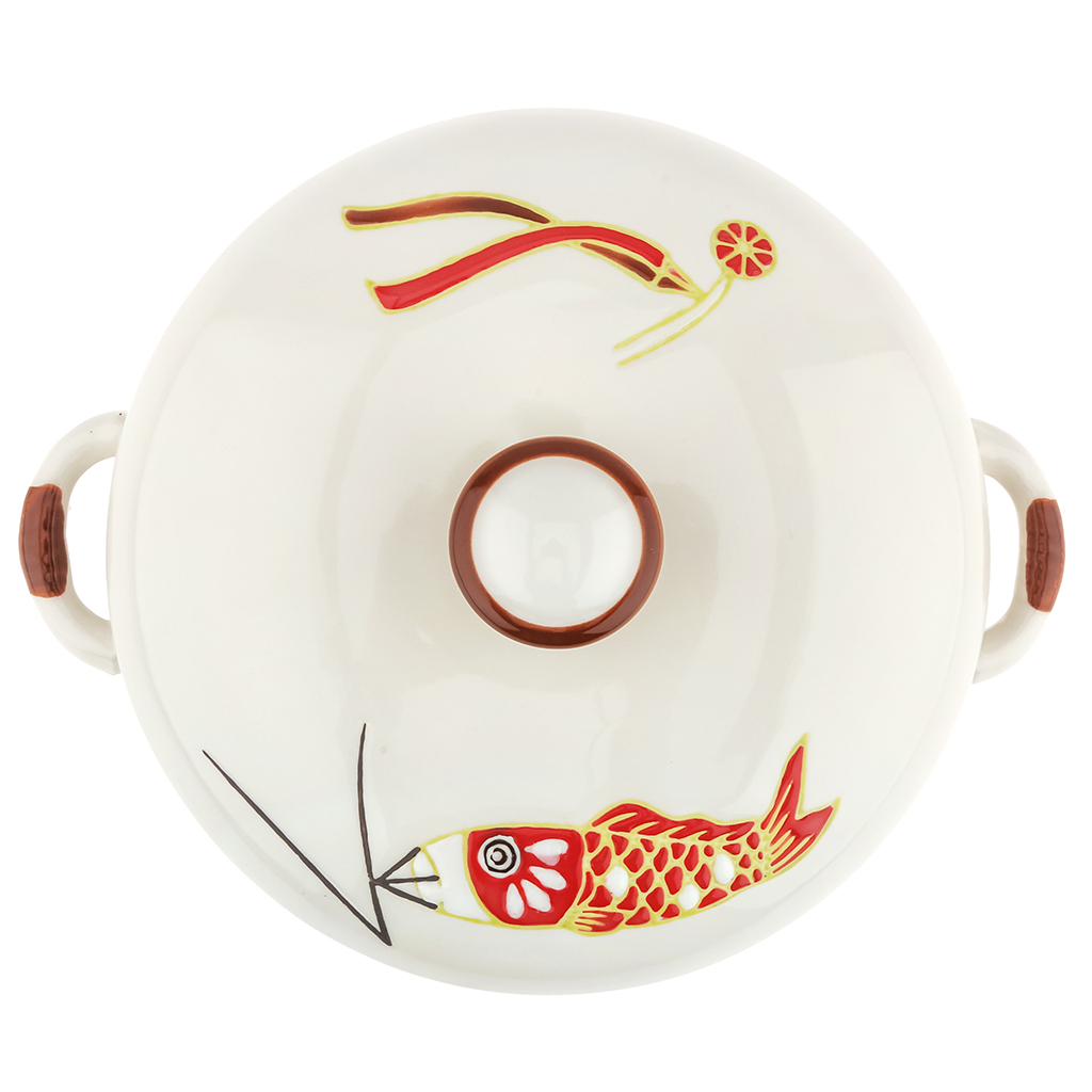 Супница фарфоровая "Улов" 1л, д13,5см, h10см, общая h13,5см, с крышкой, 2 ручки, с деколью, молочный, в коробке (Китай)