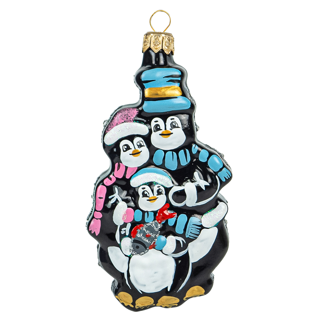 Елочная игрушка фигурка стеклянная "Семейка пингвинов-3" д5,9см, h10,5см, ручная художественная роспись, подарочная упаковка (Россия)