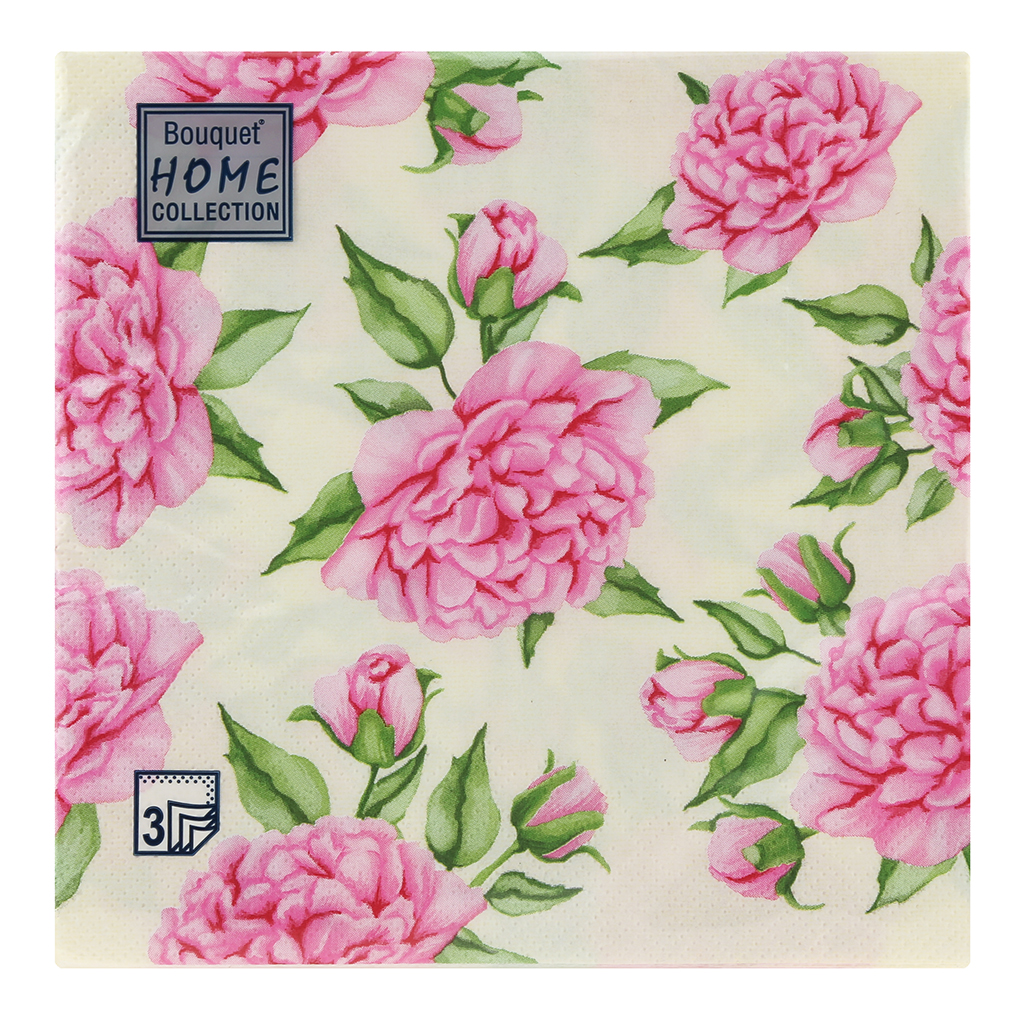 Салфетки бумажные "Bouquet Home Collection Classic" 33х33см, 3-х слойные, 20 штук в упаковке, 100% целлюлоза, "Цветочное воображение" (Россия)