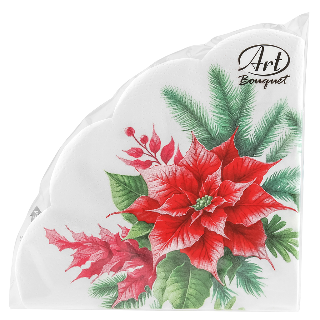 Салфетки бумажные "Art Bouquet Rondo" д32см, 3-х слойные, 12 штук в упаковке, 100% целлюлоза, "Пуансеттия" (Россия)