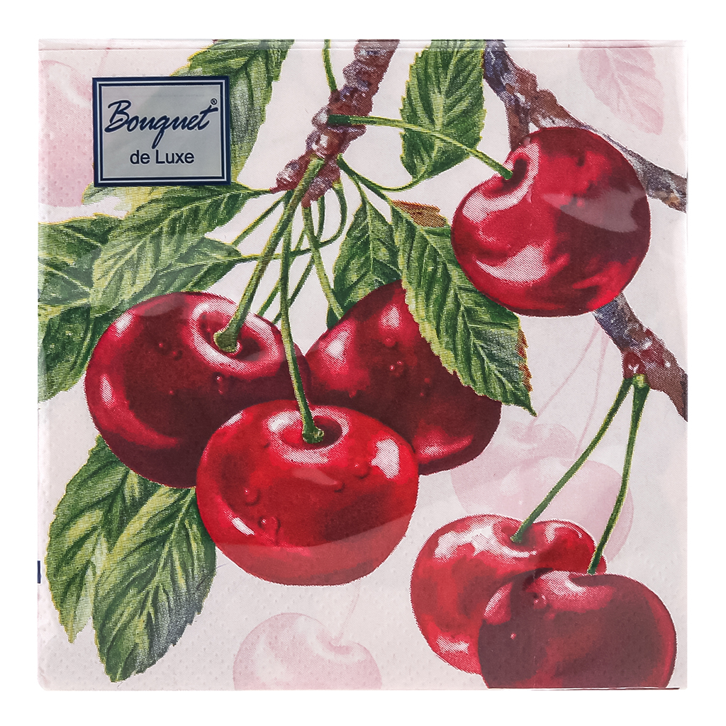 Салфетки бумажные "Bouquet de Luxe" 24х24см, 3-х слойные, 25 штук в упаковке, 100% целлюлоза, "Вишня" (Россия)