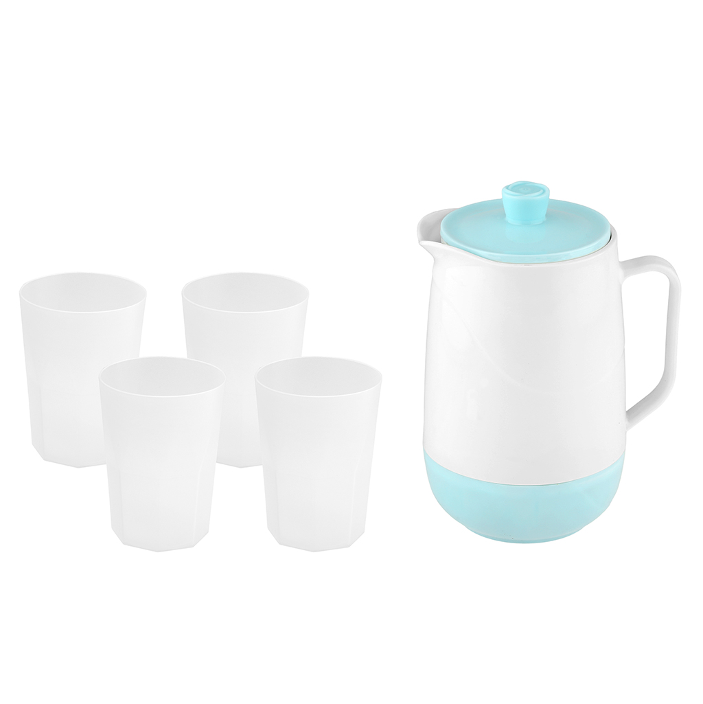 Кувшин (термос) пластмассовый "Роза ветров" 1,8л, д15см h25,5см, горло д12см, пластмассовая колба, пластмассовая крышка, с ручкой; со стаканом 400мл д8см, h11см - 4шт; белый/голубой, в коробке (Китай)
