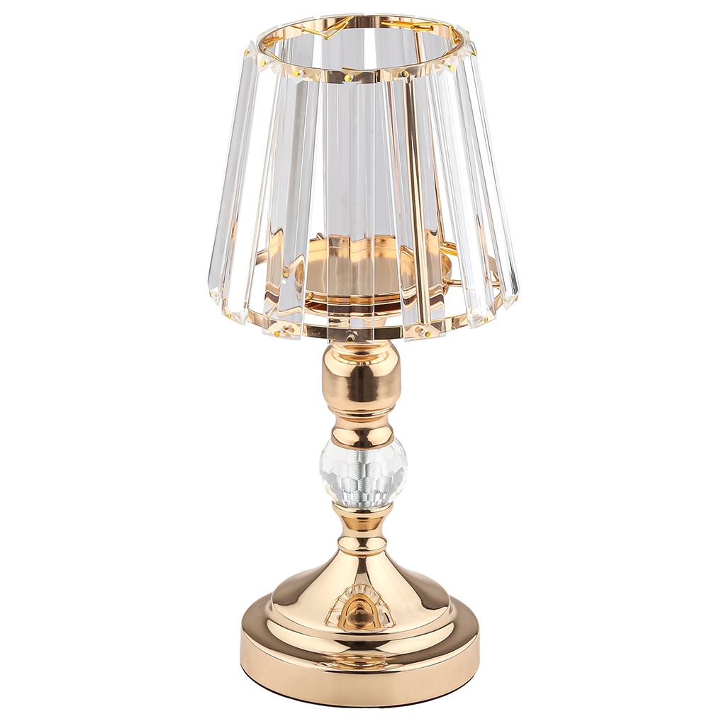 Подсвечник металлический "Лампа" h30см, абажур пластик д9,7-13,5см, h11,8см, ножка со стеклянными элементами, нескользящее основание д11см, золотой, в коробке (Китай)