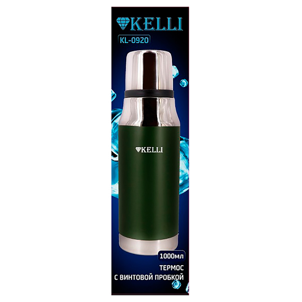 Термос из нержавеющей стали "Kelli" 1л, с винтовой пробкой, двойные стенки, вакуумная технология, синий (Китай)