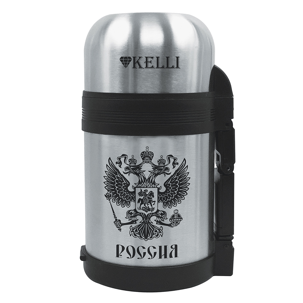 Термос из нержавеющей стали с широким горлом "Kelli" 1,5л, двойные стенки, завинчивающаяся крышка, ручка, ремень (Китай)