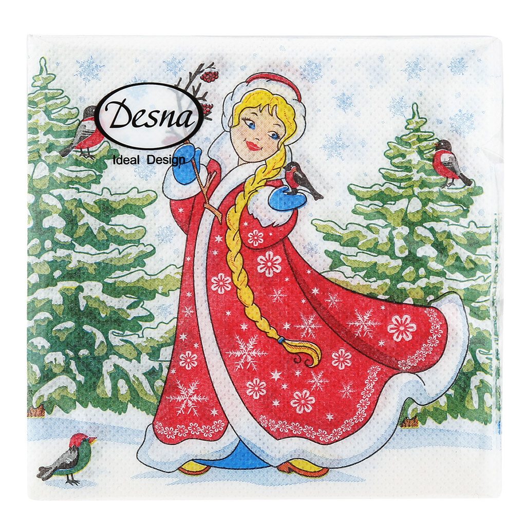 Салфетки бумажные "Desna Design" 24х24см, 1 слойные, 40 штук в упаковке, 100% целлюлоза, "Снегурочка" (Россия)