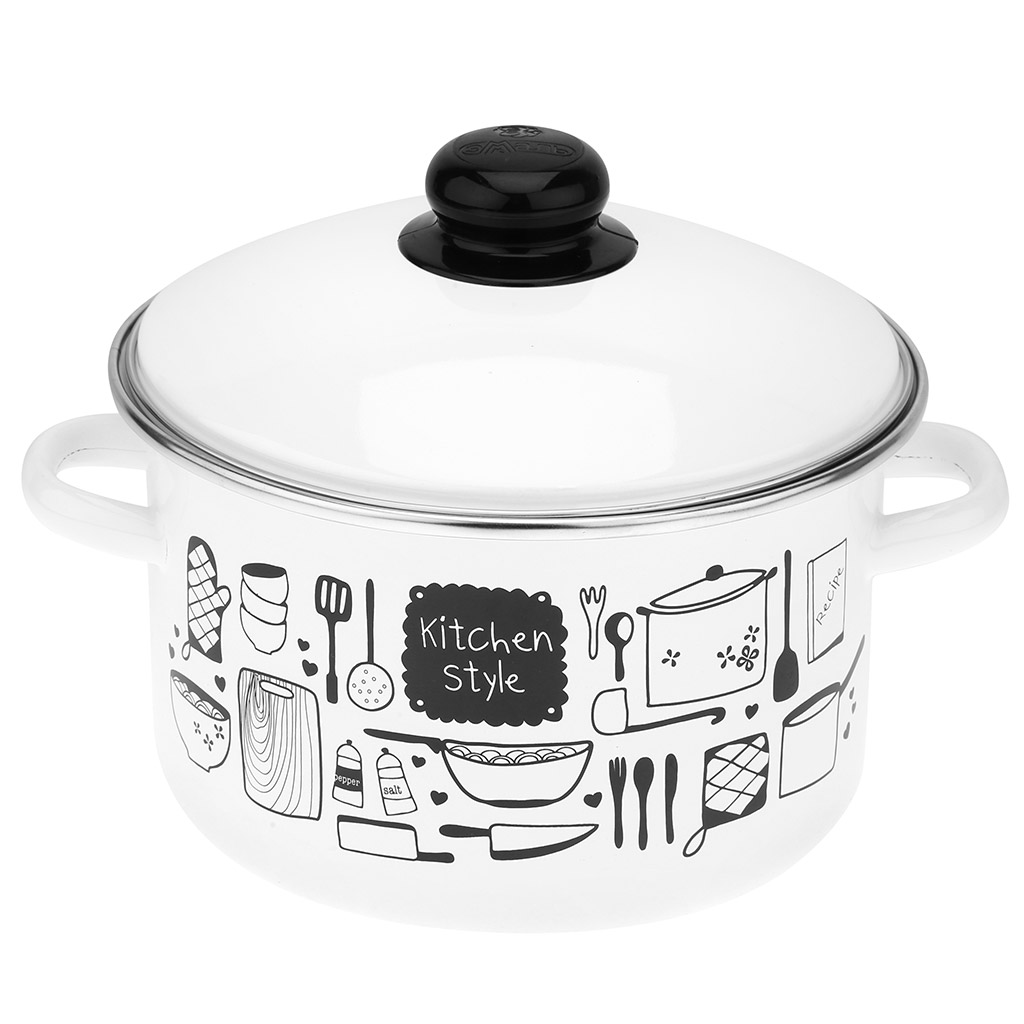 "Kitchen" Кастрюля эмалированная 3л, цилиндрическая форма, металлическая крышка, ободок из нержавеющей стали, белый (Россия)
