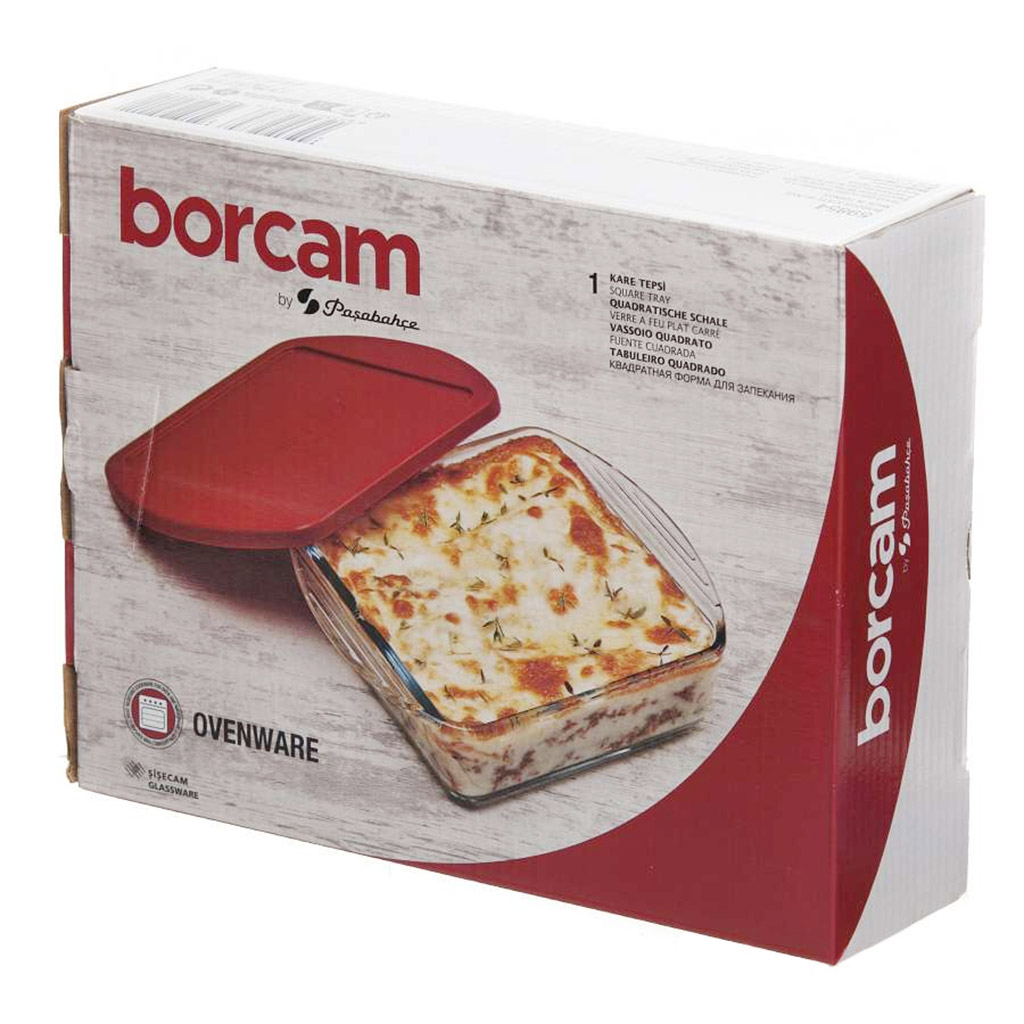 "Боркам (Borcam)" Форма стеклянная жаропрочная 1,04л, 21х16,4см, с ручками, с крышкой, цветная коробка, Pasabahce (Турция)