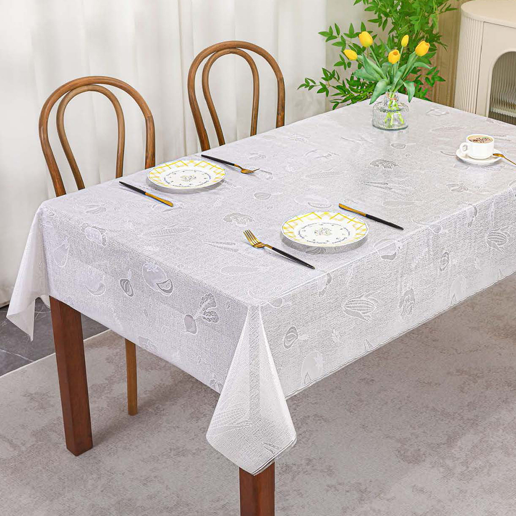 Скатерть ПВХ "Овощной сезон" 137х280см, длина стола до 240см, на 10 персон, "LACE" гладкая, пленка сверху, беж с перламутром, упак. "классическая" п/э 28х41см т.м. "Домашняя Мода" (Китай)