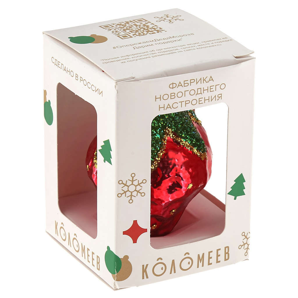 Елочная игрушка фигурка стеклянная "Клубничка" h6см, ручная художественная роспись, подарочная упаковка (Россия)