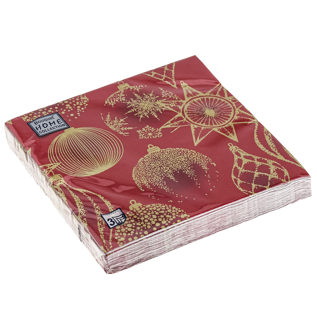 Салфетки бумажные "Bouquet Home Collection Classic" 33х33см, 3-х слойные, 20 штук в упаковке, 100% целлюлоза, "Золотые украшения на красном" (Россия)