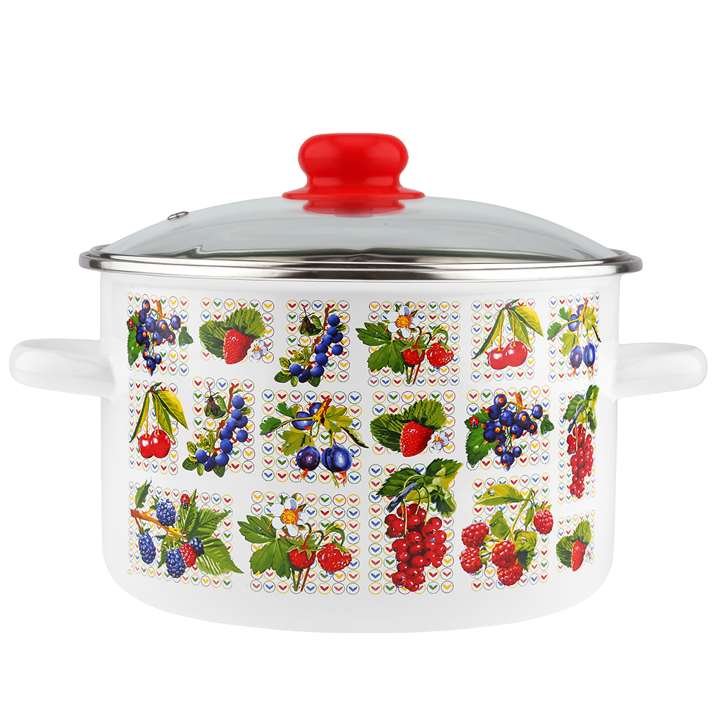 "Вкус лета" Кастрюля эмалированная 5,5л, д24см, h15см, цилиндрическая форма, металлическая крышка с пластмассовой ручкой-кнопкой, ободок из нержавеющей стали, белый (Россия)