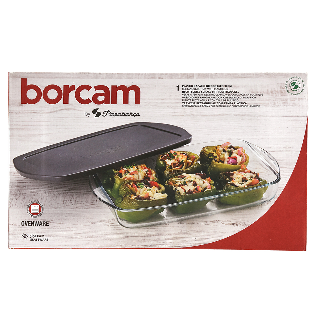 "Боркам (Borcam)" Форма стеклянная жаропрочная 1,95л, 33,6х19х5см, прямоугольная, серая пластмассовая крышкой, с ручками, цветная коробка, Pasabahce (Турция)