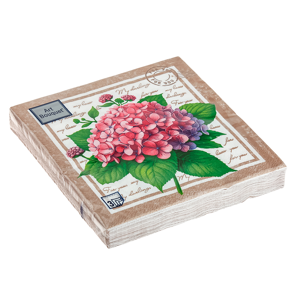 Салфетки бумажные "Art Bouquet" 33х33см, 3-х слойные, 20 штук в упаковке, 100% целлюлоза, "For you" (Россия)