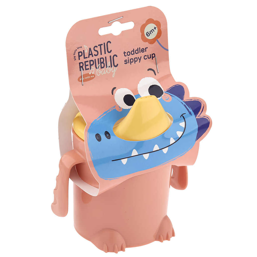 "Lalababy" Поильник детский пластмассовый "Play with Me Hello, Dino!" 270мл, 11х9,3х11,7см, персиковая карамель (Россия)