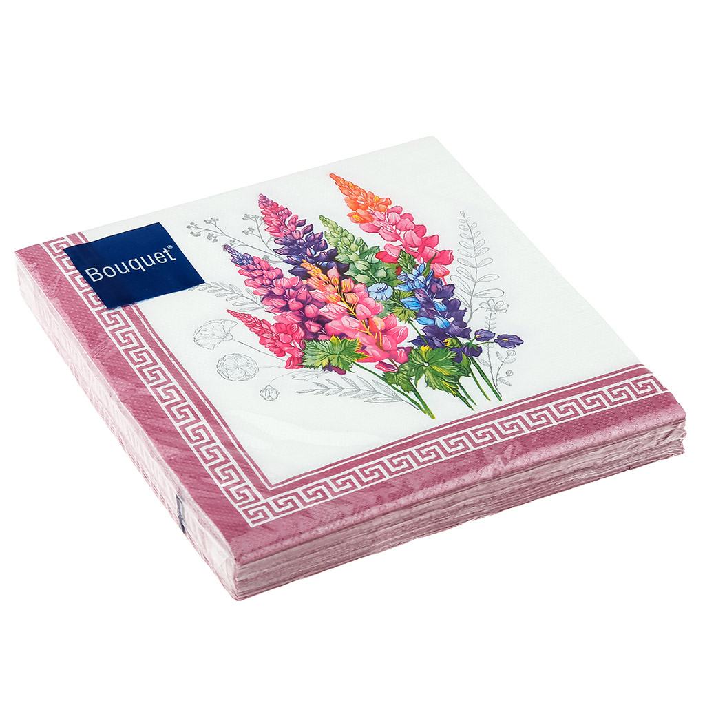 Салфетки бумажные "Bouquet" 33х33см, 3-х слойные, 20 штук в упаковке, 100% целлюлоза, "Полевые цветы" (Россия)