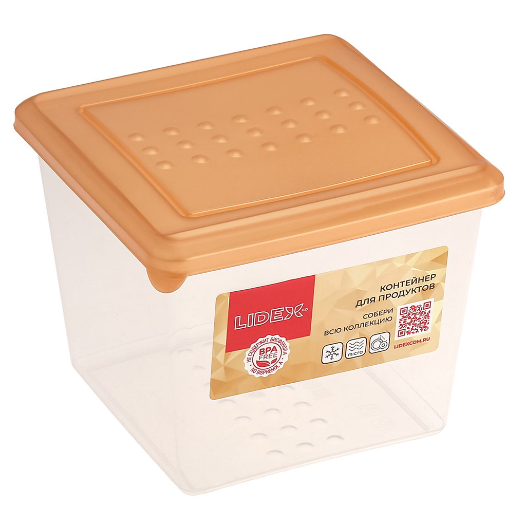 "Sunrise" Контейнер для продуктов пластмассовый 1л, 12,4х12,4х10см, квадратный, золотой, подходит для СВЧ (Россия)