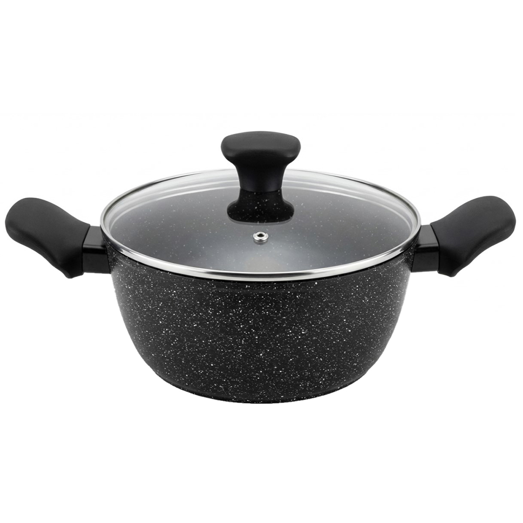 Кастрюля с антипригарным покрытием "Granito Nero" 4,2л, д24см, h10см, s2,7мм, дно s3,5мм, кованый алюминий, стеклянная крышка, пароотвод, бакелитовая ручка с покрытием "soft-touch", цветная коробка, "Regent" (Китай) Подходит для всех видов плит, вклю