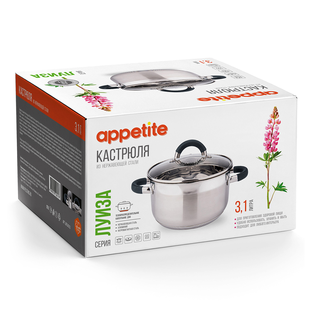Кастрюля из нержавеющей стали "Луиза" 3,1л, д17,4см, h12см, s0,5мм, дно s2,9мм, стеклянная крышка, просиликоненные ручки, подарочная коробка, "Appetite" (Китай)