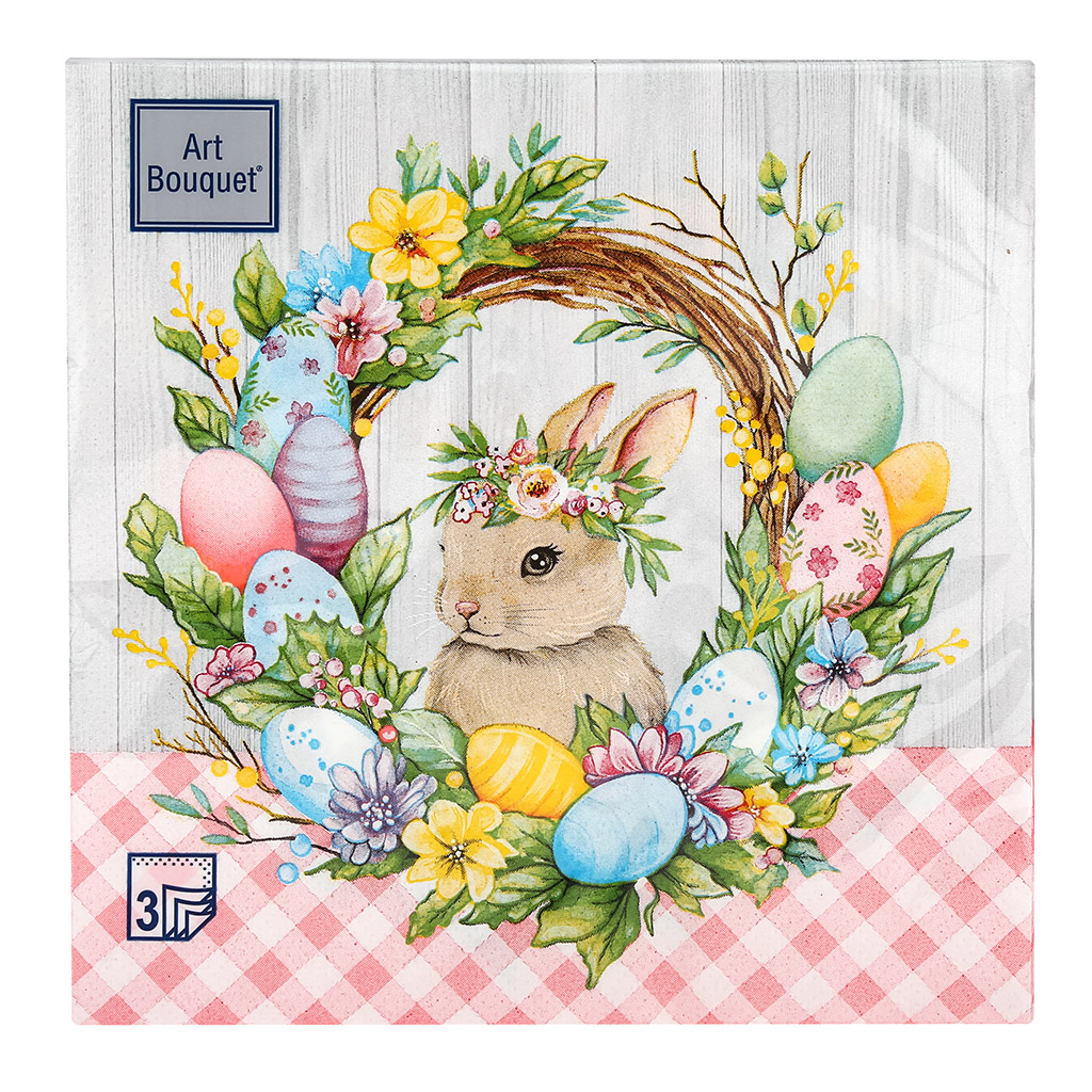 Салфетки бумажные "Art Bouquet" 33х33см, 3-х слойные, 20 штук в упаковке, 100% целлюлоза, "Пасхальный венок с кроликом" (Россия)