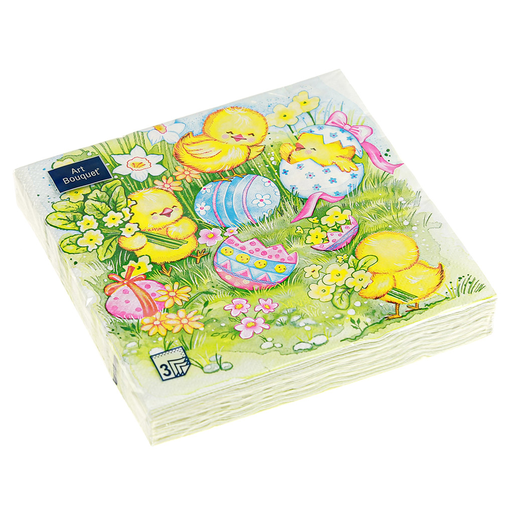 Салфетки бумажные "Art Bouquet" 33х33см, 3-х слойные, 20 штук в упаковке, 100% целлюлоза, "Пасхальные игры" (Россия)