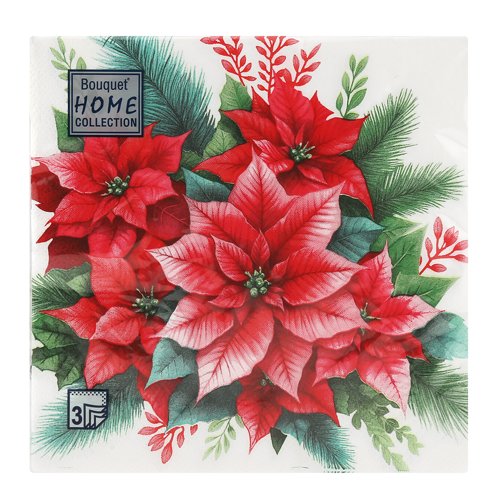 Салфетки бумажные "Bouquet Home Collection Classic" 33х33см, 3-х слойные, 20 штук в упаковке, 100% целлюлоза, "Пуансеттия" (Россия)