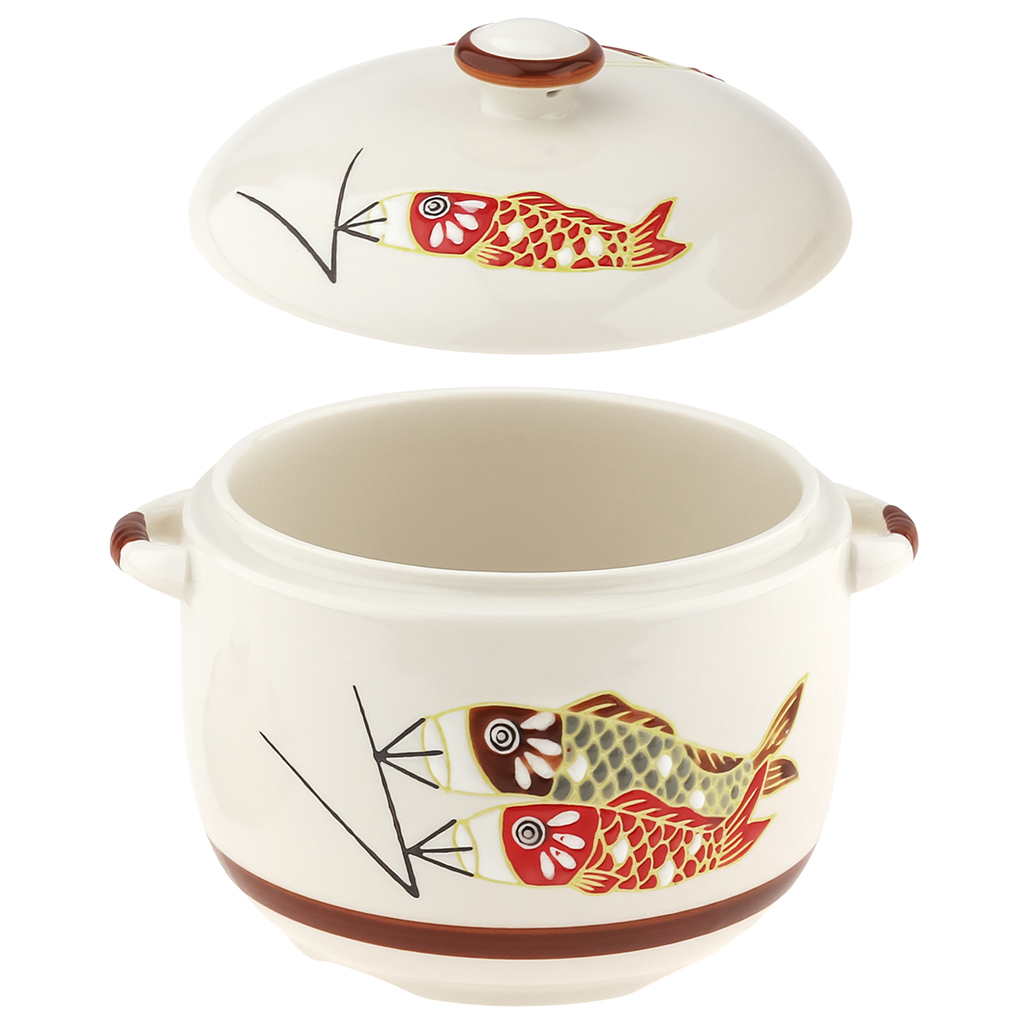 Супница фарфоровая "Улов" 1л, д13,5см, h10см, общая h13,5см, с крышкой, 2 ручки, с деколью, молочный, в коробке (Китай)