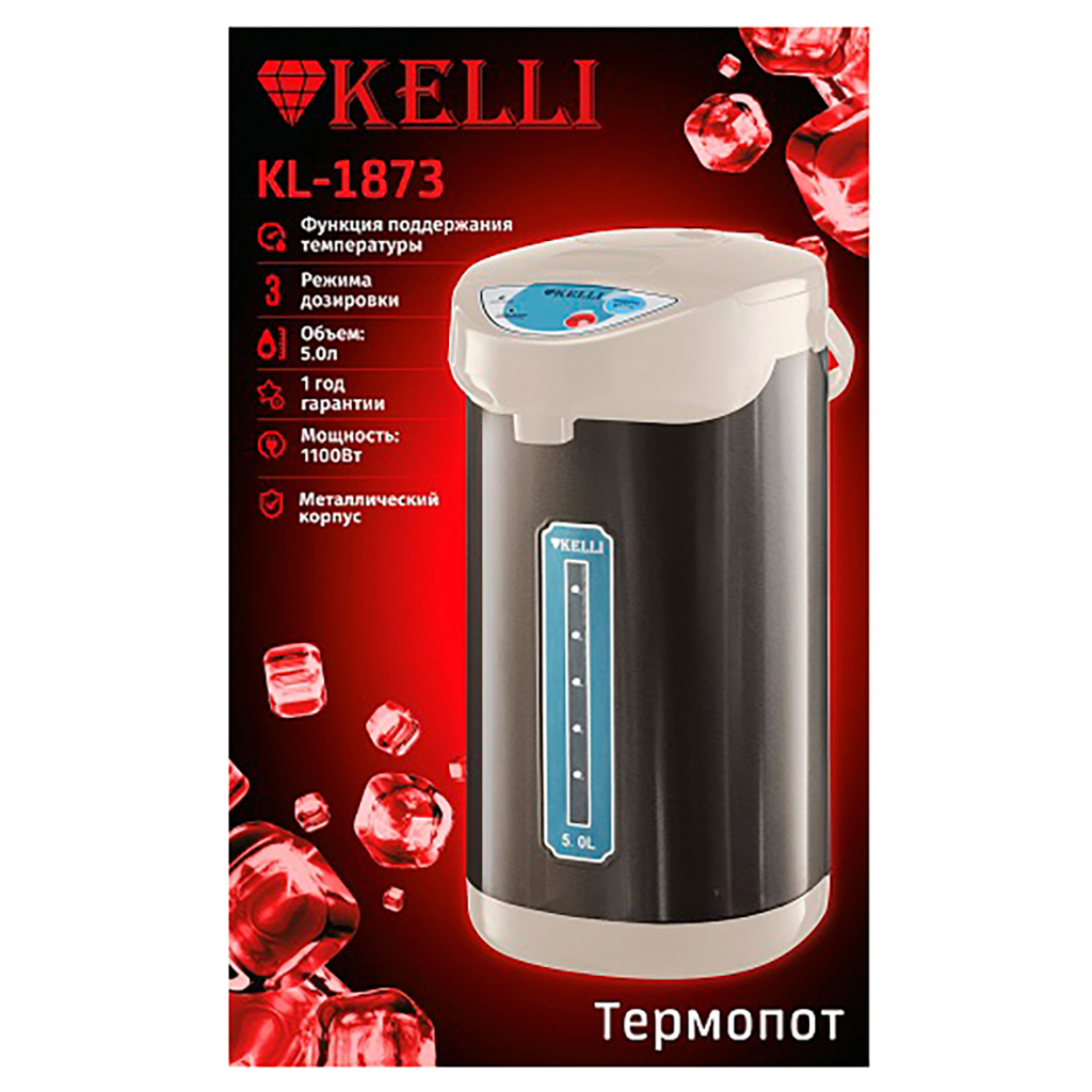 Термопот "Kelli" 5л, металлический корпус, внутренняя емкость из нержавеющей стали, 3 режима дозировки воды, поворачивающийся корпус на 360°, световой индикатор, шкала уровня воды, съемная крышка, съемный сетевой шнур, режим поддержания температуры в