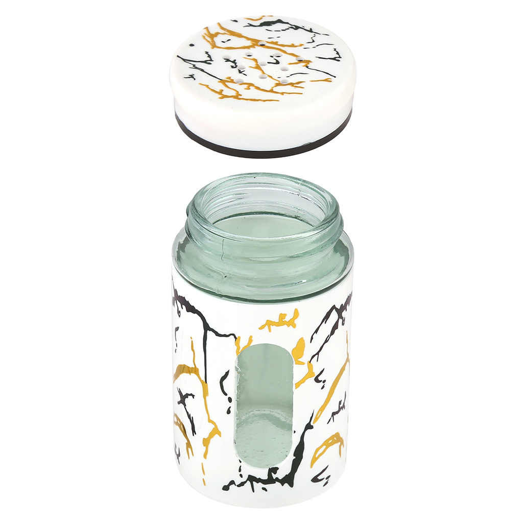 Банка для специй (перечница/солонка) стеклянная "В юбке" 100мл д4,8см h8,5см, диаметр горла - 3,2см, в цветной пластмассовой оплетке под мрамор, винтовая пластмассовая крышка под мрамор, цвета в ассортименте: черный/белый/красный/розовый (Китай)