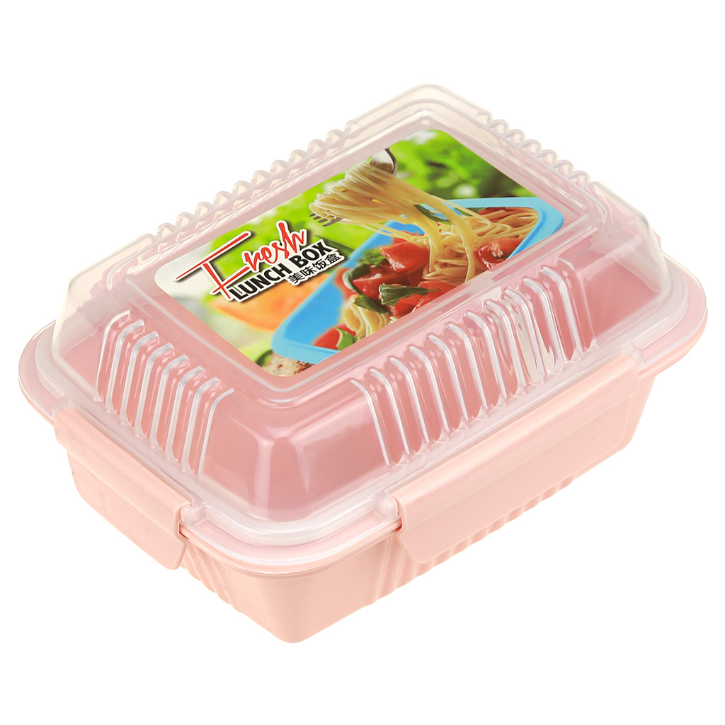 Ланч-бокс для продуктов пластмассовый "Фреш" 20,5х15,5см h8,5см, 2 отделения 0,9л, с ложкой 13см, крышка прозрачная, с клипсами, с уплотнителем, цвета в ассортименте: персиковый, зеленый, голубой (Китай)
