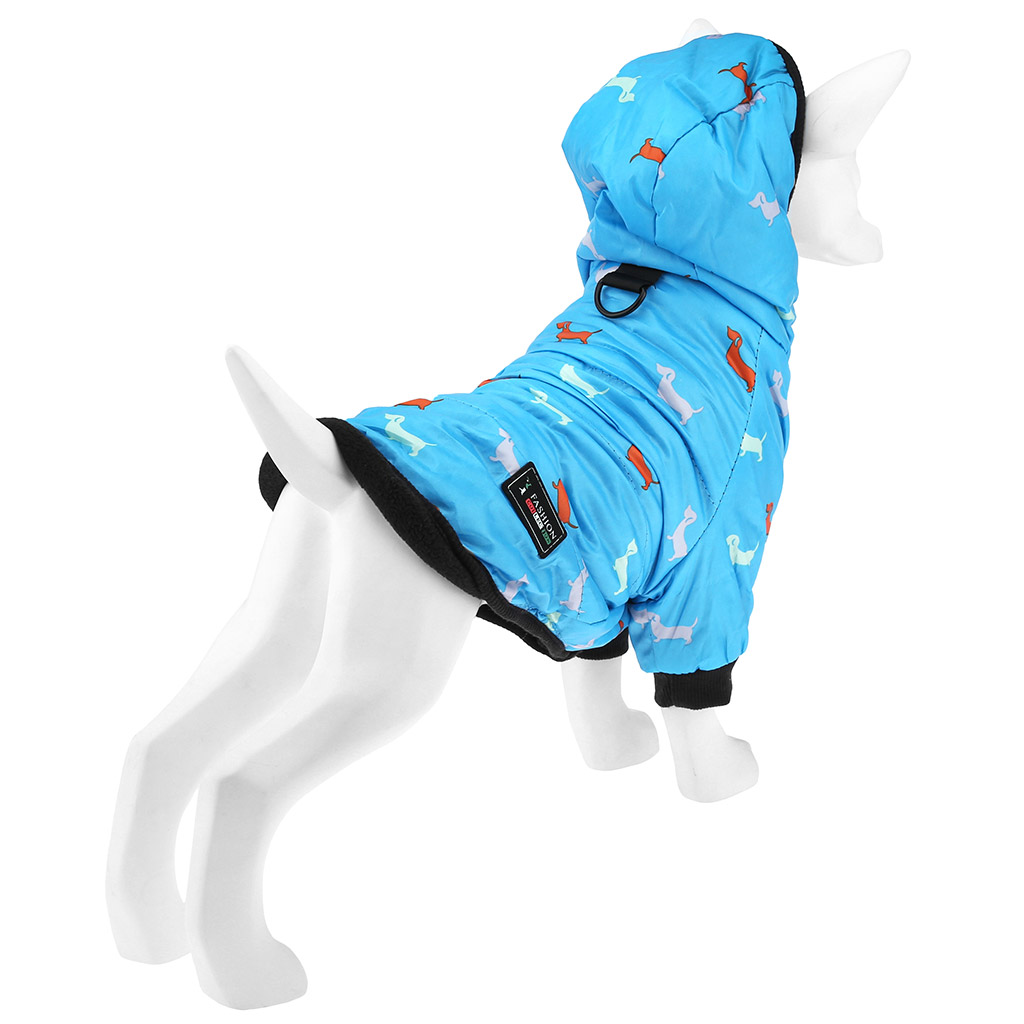 "Пэт тойс (Pet toys)" Одежда для собаки "Куртка" с капюшоном, с метал. кольцом, с принтом, на кнопках, р-р S, длина спинки 18см/обхват груди 30см/обхват шеи 26см, цвет-голубой, плащевка/синтепон/флис (100% полиэстер) (Китай)