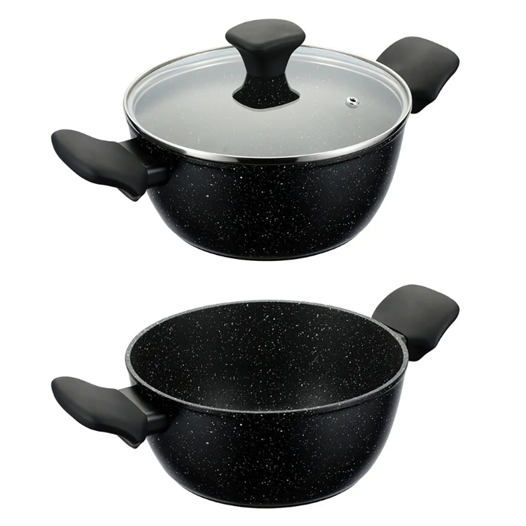 Кастрюля с антипригарным покрытием "Granito Nero" 4,2л, д24см, h10см, s2,7мм, дно s3,5мм, кованый алюминий, стеклянная крышка, пароотвод, бакелитовая ручка с покрытием "soft-touch", цветная коробка, "Regent" (Китай) Подходит для всех видов плит, вклю
