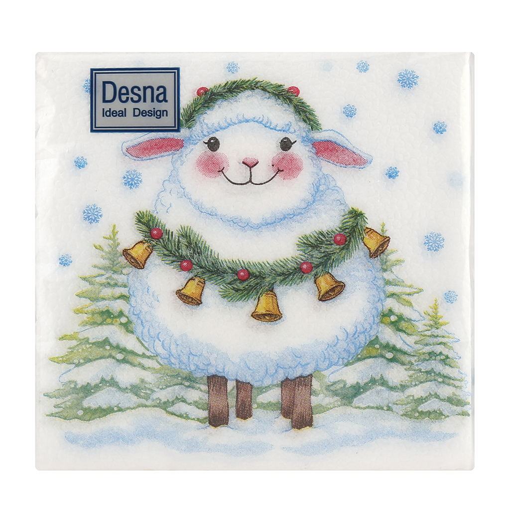 Салфетки бумажные "Desna Design" 24х24см, 1 слойные, 40 штук в упаковке, 100% целлюлоза, "Овечка с колокольчиками" (Россия)