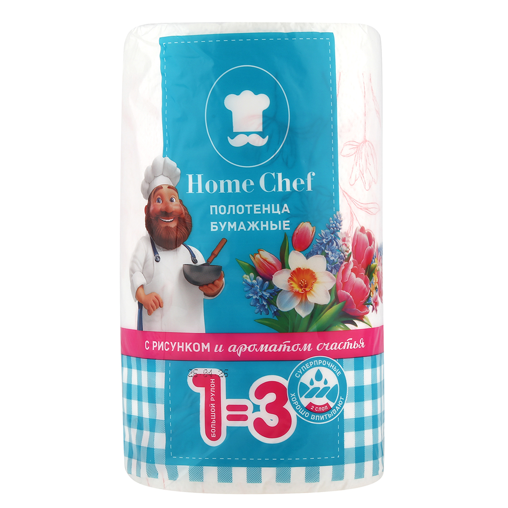 Полотенце бумажное 2-х слойное "Home Chef Пряности" с рисунком "Цветы" 1 рулон, 33м, размер листа 25х23см, белый (Россия)