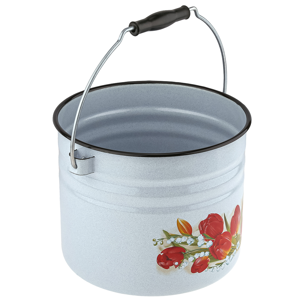 "Ласковый май" Ведро эмалированное 9л, s0,8мм, цельноштампованное, металлическая крышка, прутковая подвижная ручка с пластмассовой ручкой (Россия)