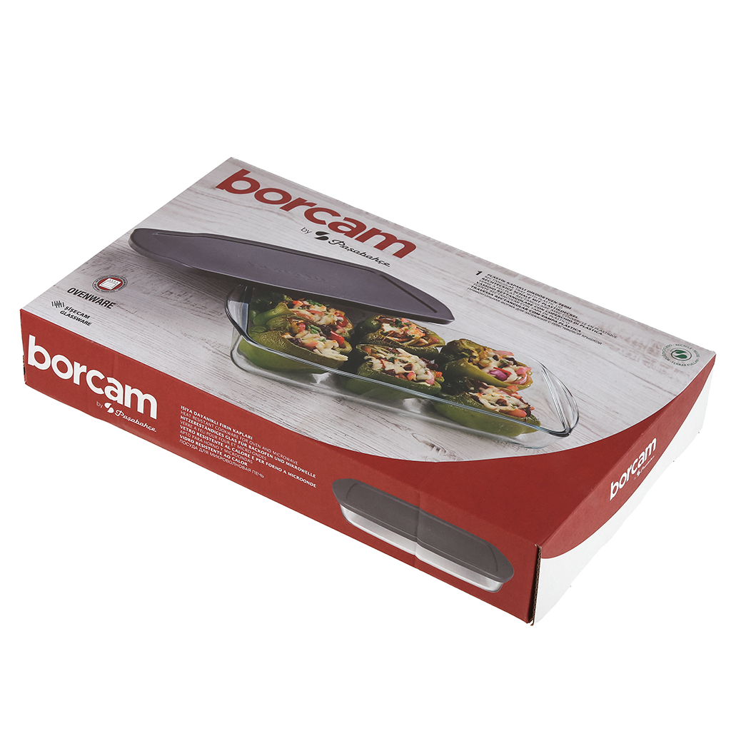 "Боркам (Borcam)" Форма стеклянная жаропрочная 1,95л, 33,6х19х5см, прямоугольная, серая пластмассовая крышкой, с ручками, цветная коробка, Pasabahce (Турция)