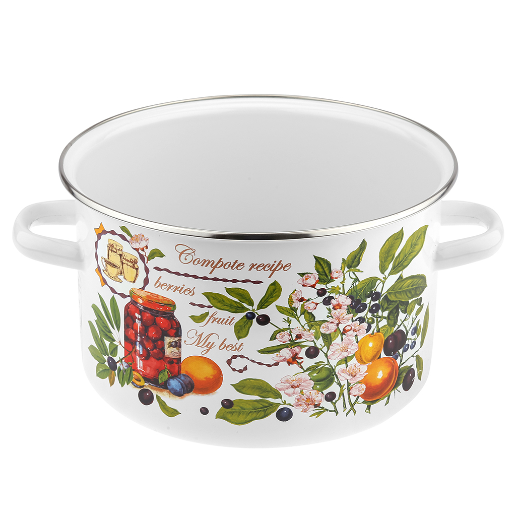 "Вкусный компот" Набор эмалированных кастрюль 3 предмета: 2л, 3л, 5,5л, цилиндрическая форма, металлическая крышка, белый (Россия)