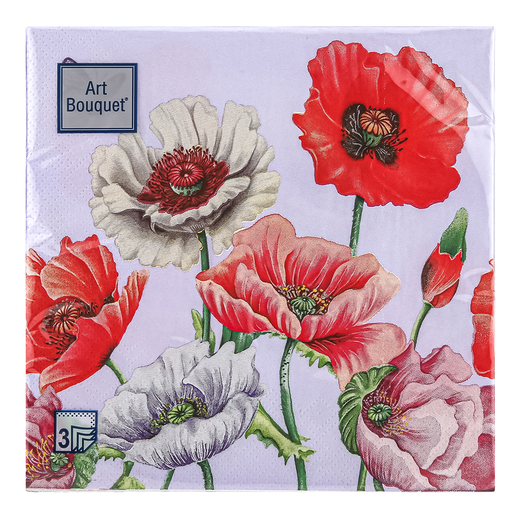 Салфетки бумажные "Art Bouquet" 33х33см, 3-х слойные, 20 штук в упаковке, 100% целлюлоза, "Поле маков" (Россия)