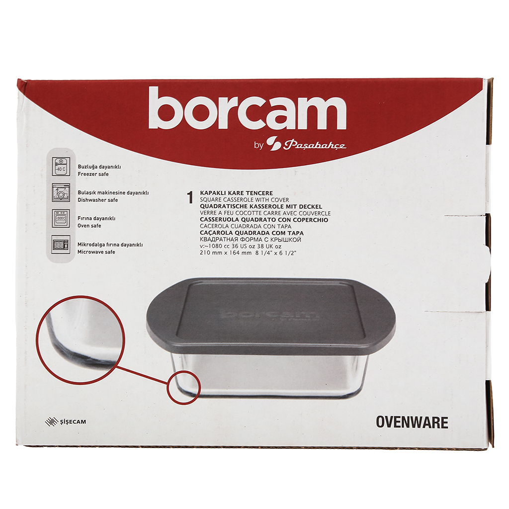 "Боркам (Borcam)" Форма стеклянная жаропрочная 1,08л, 21х16,4х6см, прямоугольная, серая пластмассовая крышкой, с ручками, цветная коробка, Pasabahce (Турция)